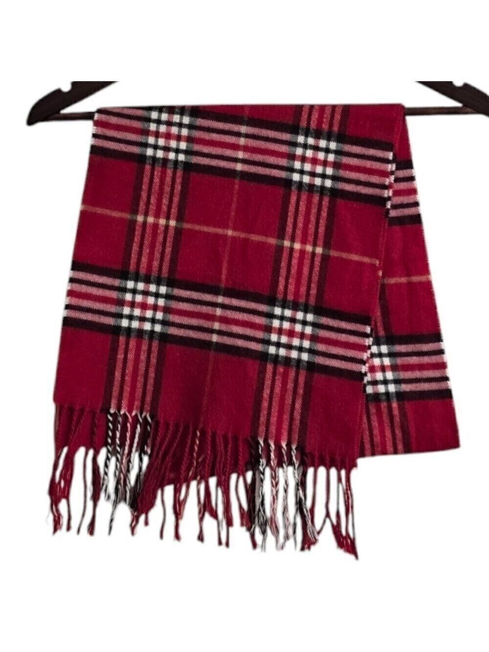 V.Fraas Cashmink Red Plaid Fringe Acrylic Scarf